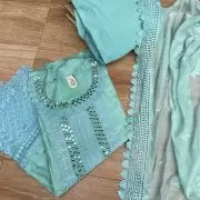 Blue pure cotton unstitched suit set with Lace detailing , Mirror work and Chiffon dupatta