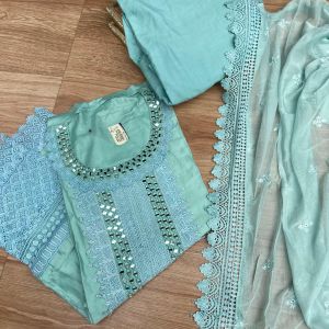 Blue pure cotton unstitched suit set with Lace detailing , Mirror work and Chiffon dupatta