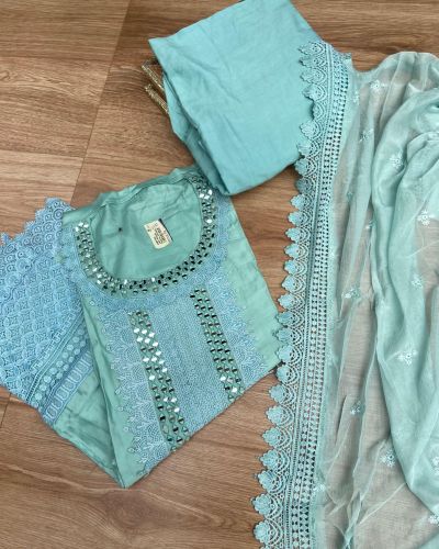 Blue pure cotton unstitched suit set with Lace detailing , Mirror work and Chiffon dupatta