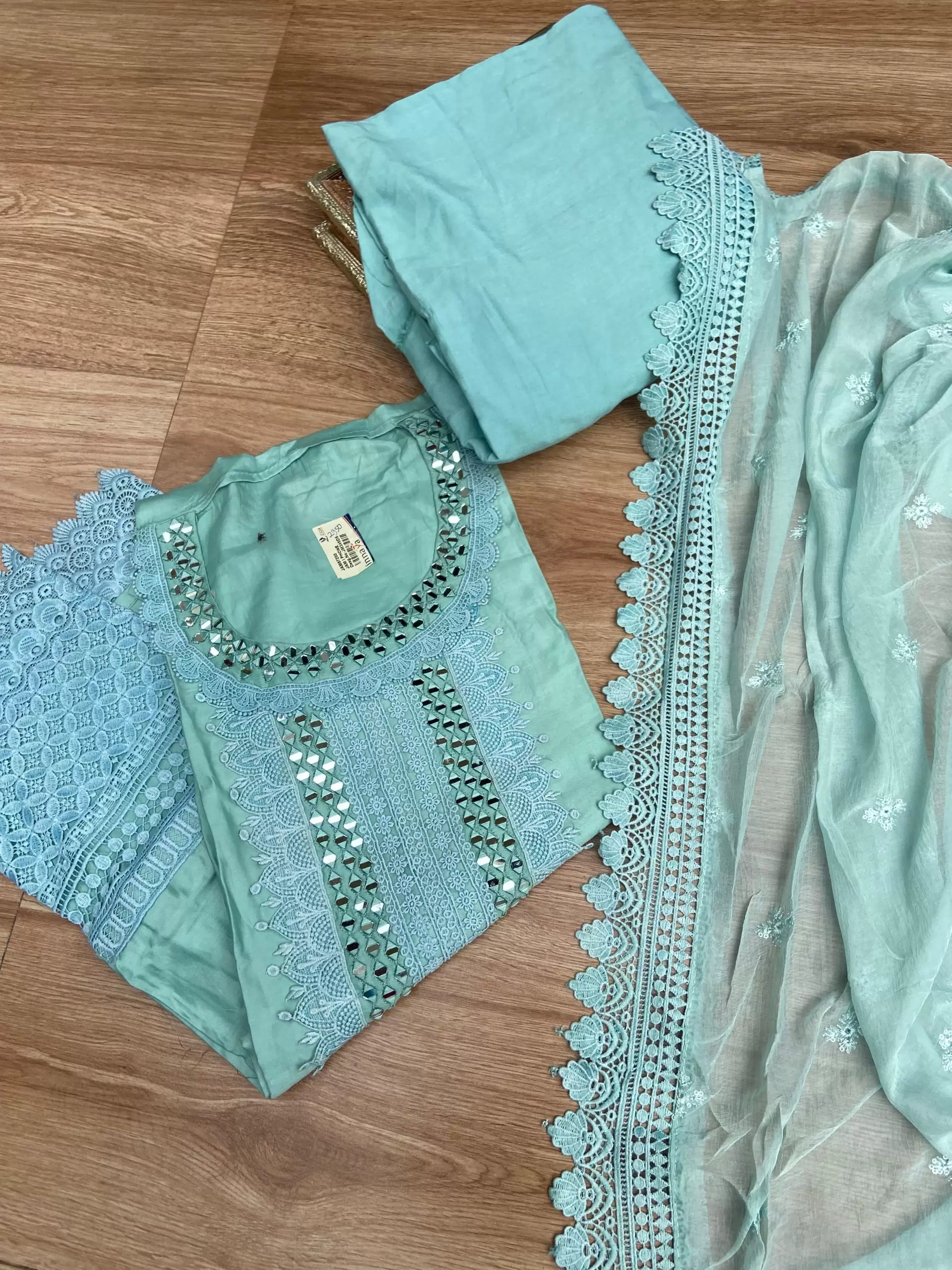 Blue pure cotton unstitched suit set with Lace detailing , Mirror work and Chiffon dupatta