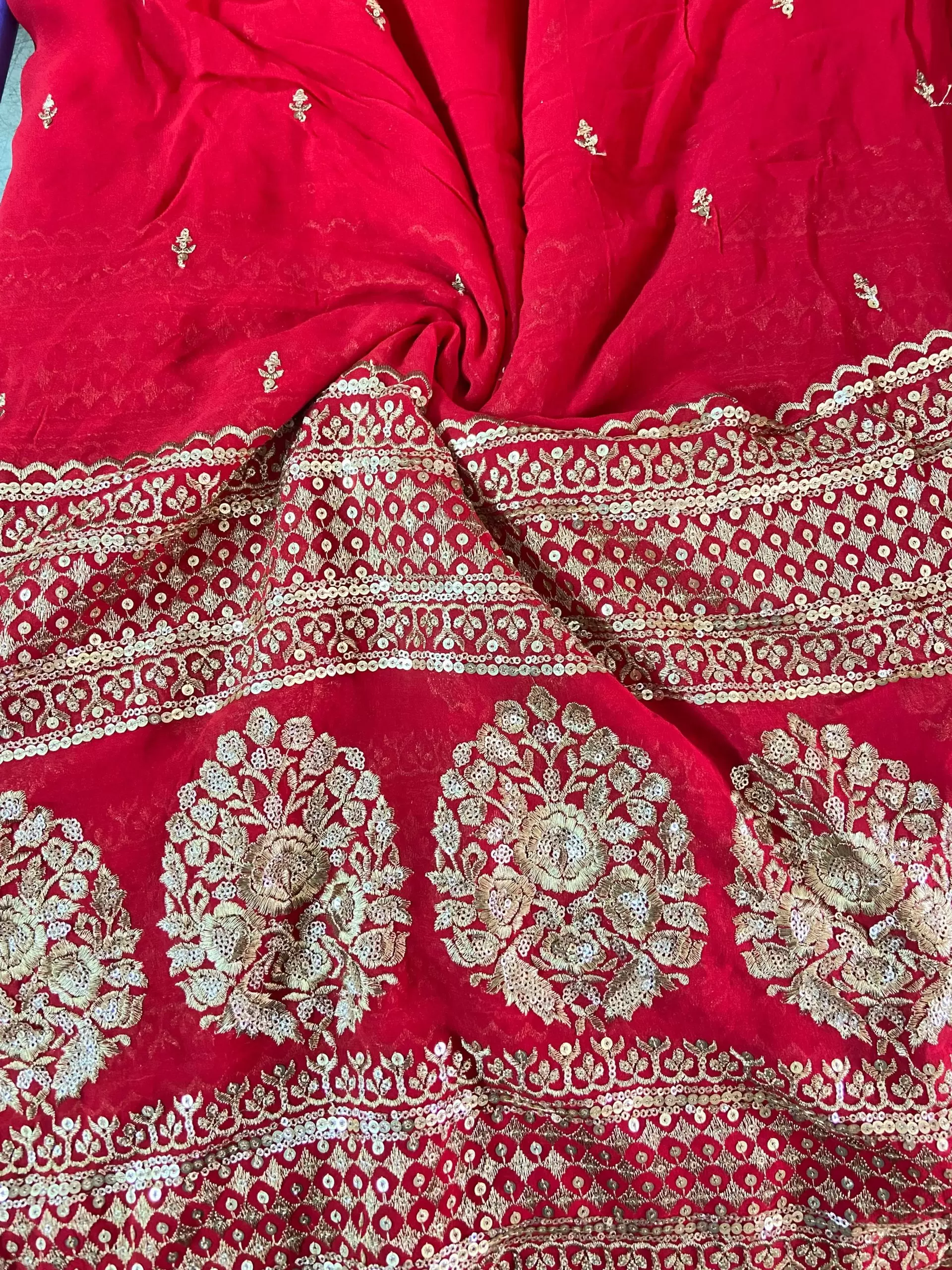 Red Pure Georgette fabric with heavy border