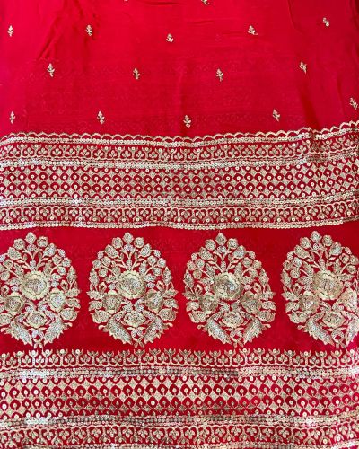 Red Pure Georgette fabric with heavy border