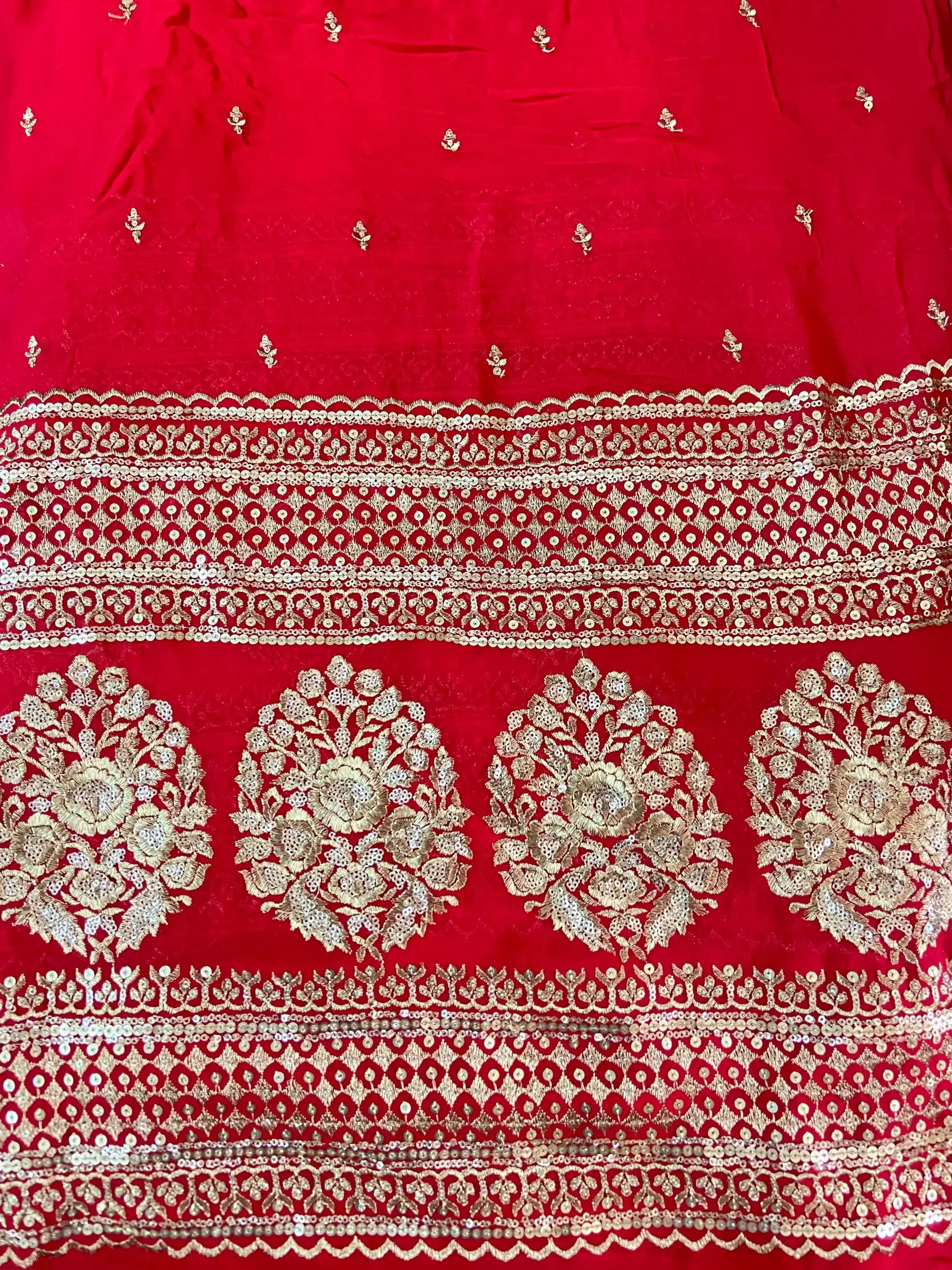 Red Pure Georgette fabric with heavy border