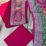 Rani Pink Chikankari georgette piece with multi floral patch and dupatta with mirror detailing unstitched suit set