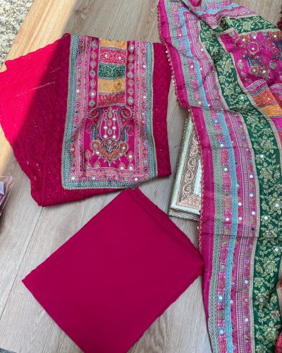 Rani Pink Chikankari georgette piece with multi floral patch and dupatta with mirror detailing unstitched suit set