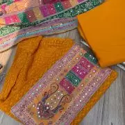 Orange Chikankari georgette piece with multi floral patch and dupatta with mirror detailing unstitched suit set