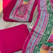 Rani Pink Chikankari georgette piece with multi floral patch and dupatta with mirror detailing unstitched suit set
