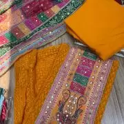 Orange Chikankari georgette piece with multi floral patch and dupatta with mirror detailing unstitched suit set