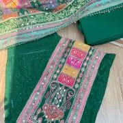 Bottle Green Chikankari georgette piece with multi floral patch and dupatta with mirror detailing unstitched suit set