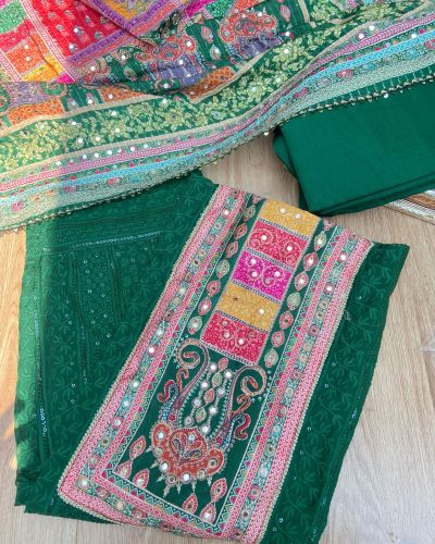 Bottle Green Chikankari georgette piece with multi floral patch and dupatta with mirror detailing unstitched suit set