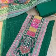 Bottle Green Chikankari georgette piece with multi floral patch and dupatta with mirror detailing unstitched suit set