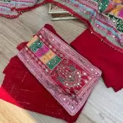 Red Chikankari georgette piece with multi floral patch and dupatta with mirror detailing unstitched suit set