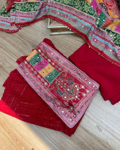 Red Chikankari georgette piece with multi floral patch and dupatta with mirror detailing unstitched suit set