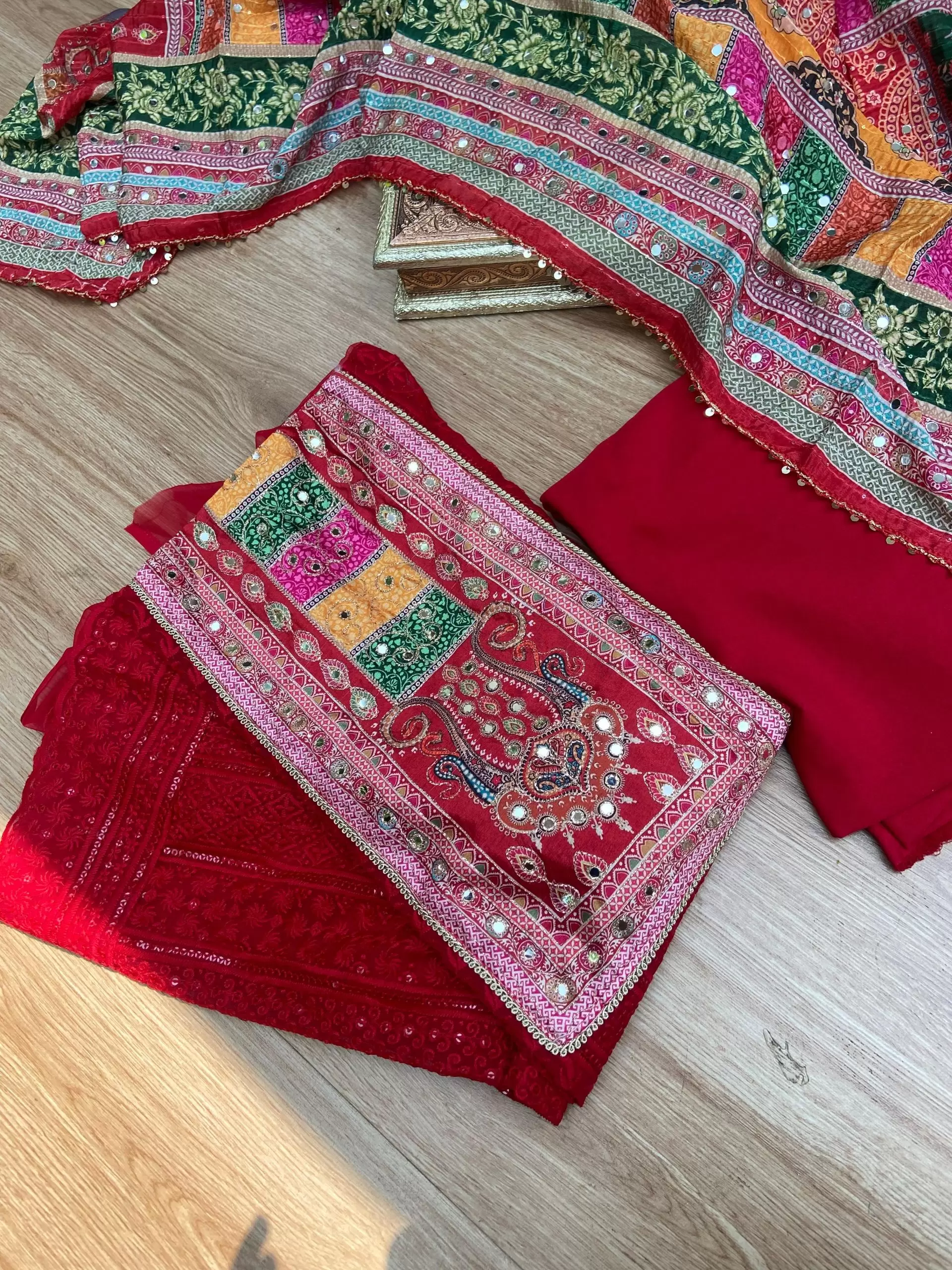 Red Chikankari georgette piece with multi floral patch and dupatta with mirror detailing unstitched suit set