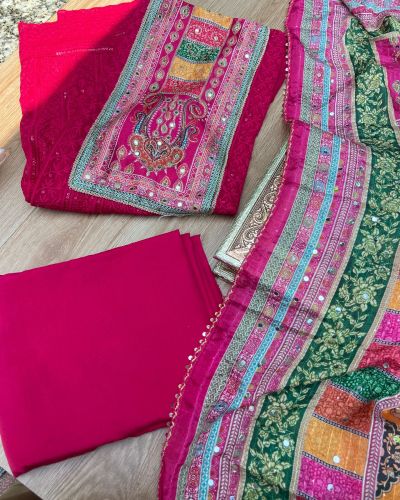 Rani Pink Chikankari georgette piece with multi floral patch and dupatta with mirror detailing unstitched suit set