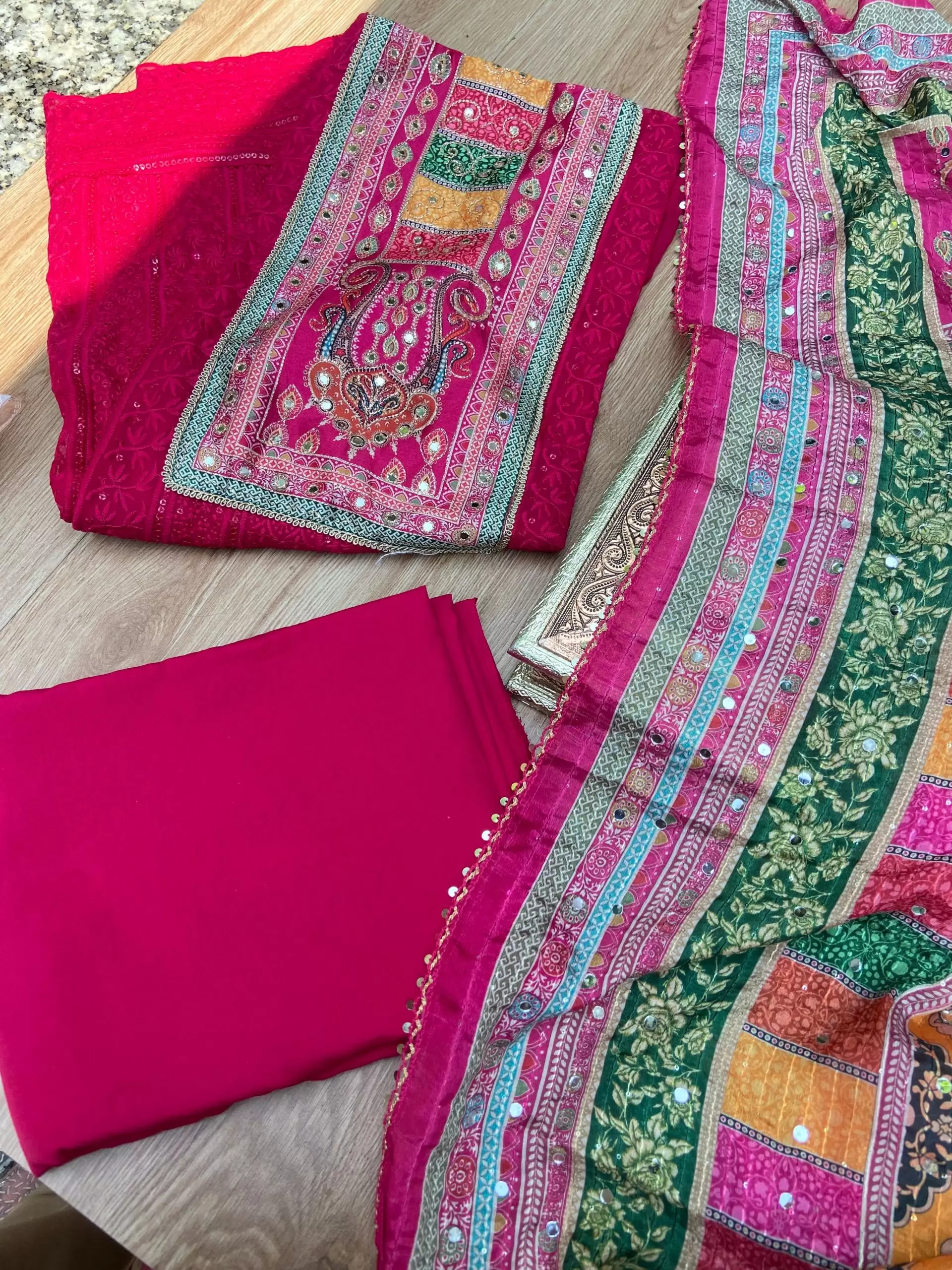 Rani Pink Chikankari georgette piece with multi floral patch and dupatta with mirror detailing unstitched suit set