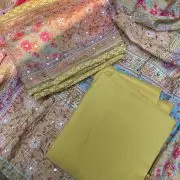 Yellow Chikankari georgette piece with multi floral patch and dupatta with mirror detailing unstitched suit set
