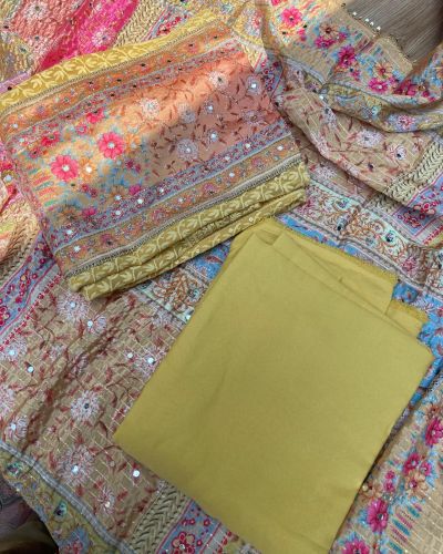 Yellow Chikankari georgette piece with multi floral patch and dupatta with mirror detailing unstitched suit set