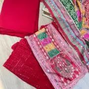 Red Chikankari georgette piece with multi floral patch and dupatta with mirror detailing unstitched suit set
