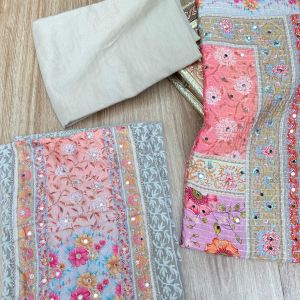 Lavender Gray Chikankari georgette piece with multi floral patch and dupatta with mirror detailing unstitched suit set
