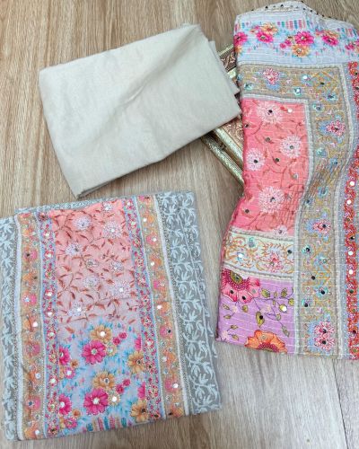 Lavender Gray Chikankari georgette piece with multi floral patch and dupatta with mirror detailing unstitched suit set