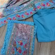 Blue Chikankari georgette piece with multi floral patch and dupatta with mirror detailing unstitched suit set