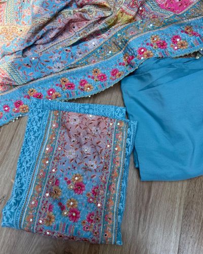 Blue Chikankari georgette piece with multi floral patch and dupatta with mirror detailing unstitched suit set