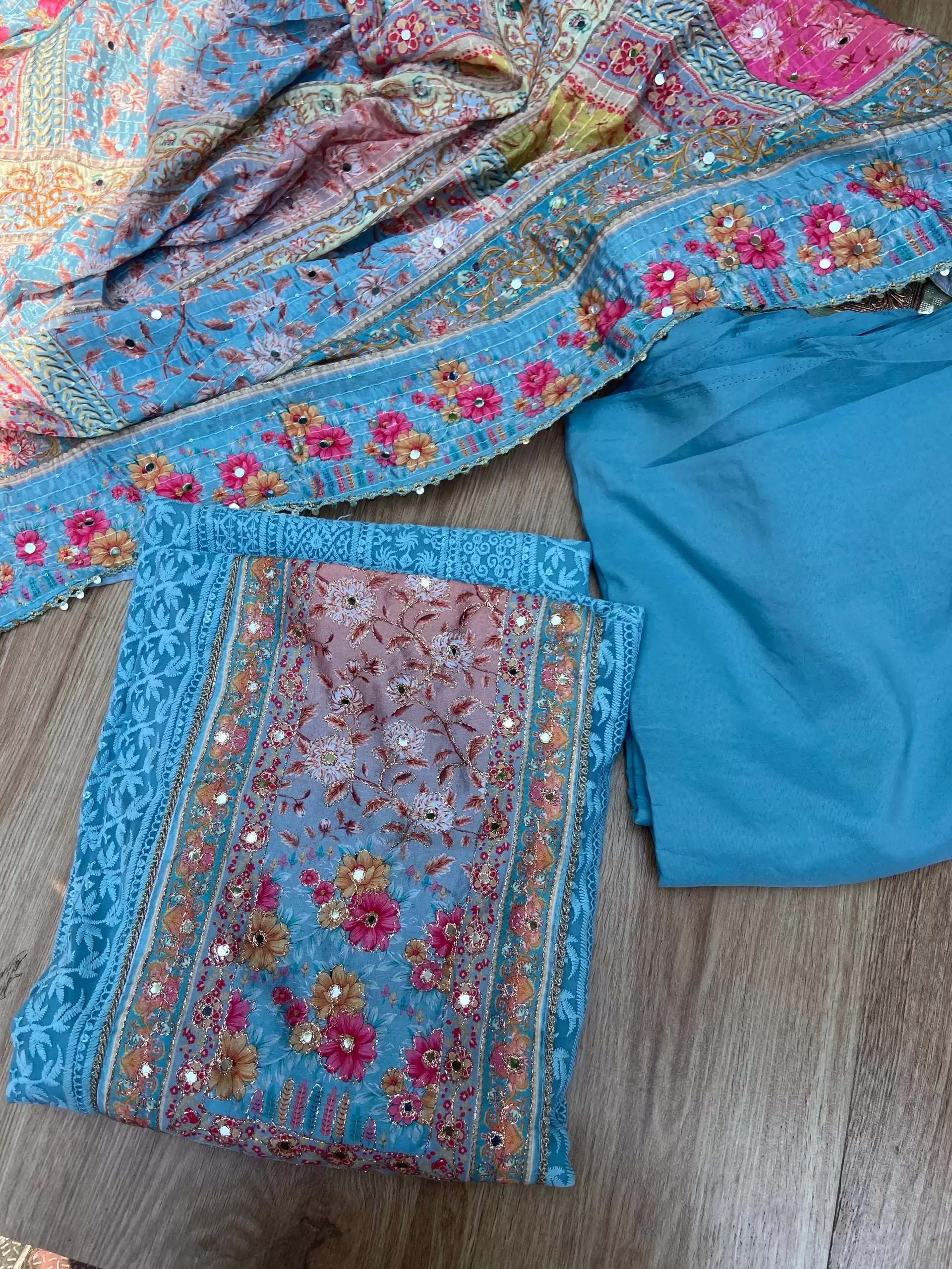 Blue Chikankari georgette piece with multi floral patch and dupatta with mirror detailing unstitched suit set