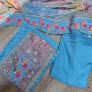 Blue Chikankari georgette piece with multi floral patch and dupatta with mirror detailing unstitched suit set