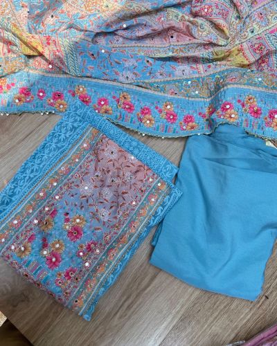 Blue Chikankari georgette piece with multi floral patch and dupatta with mirror detailing unstitched suit set