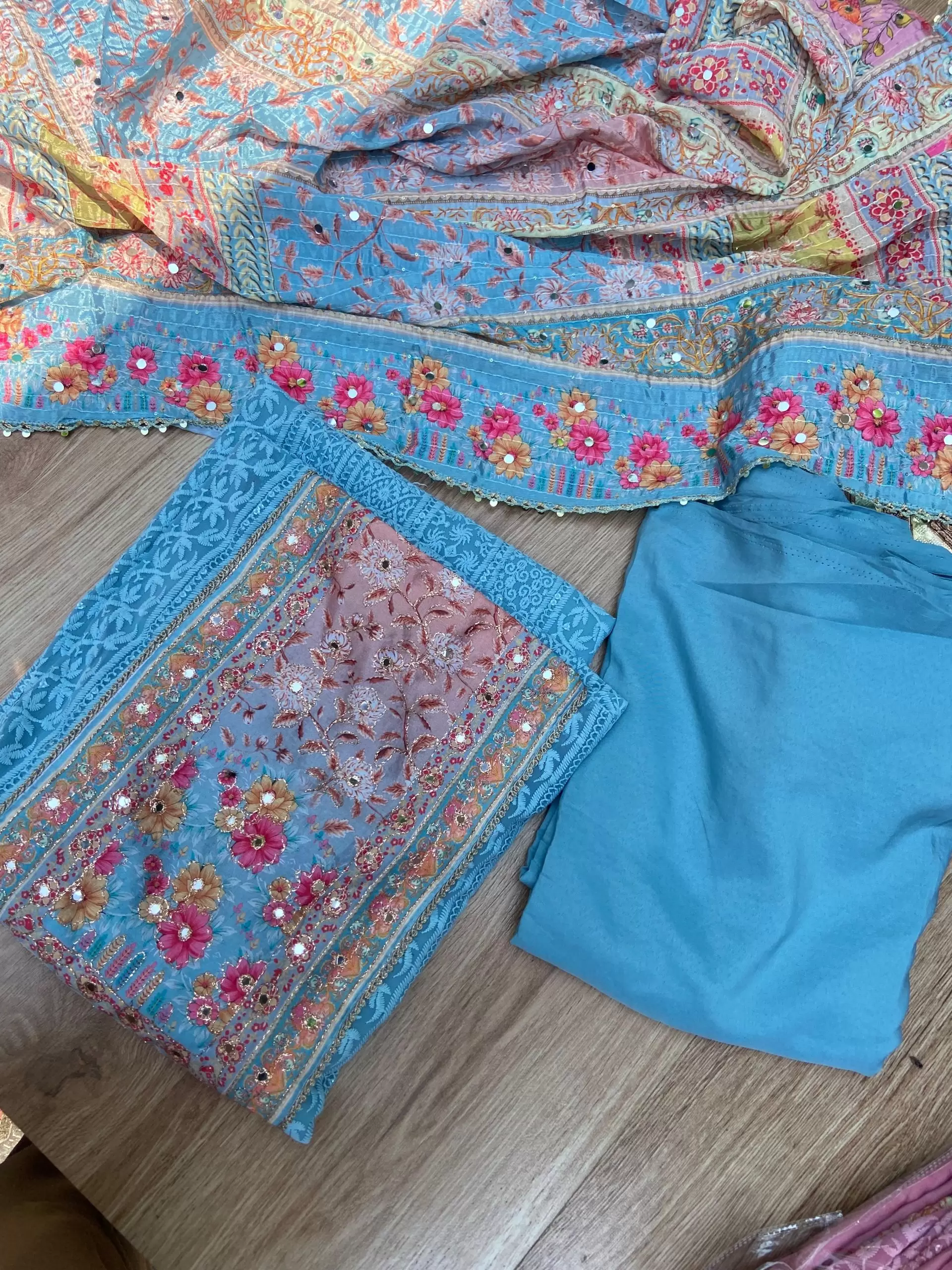Blue Chikankari georgette piece with multi floral patch and dupatta with mirror detailing unstitched suit set