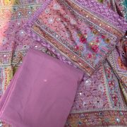 Pink Chikankari georgette piece with multi floral patch and dupatta with mirror detailing unstitched suit set