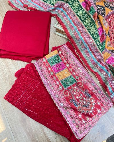 Red Chikankari georgette piece with multi floral patch and dupatta with mirror detailing unstitched suit set