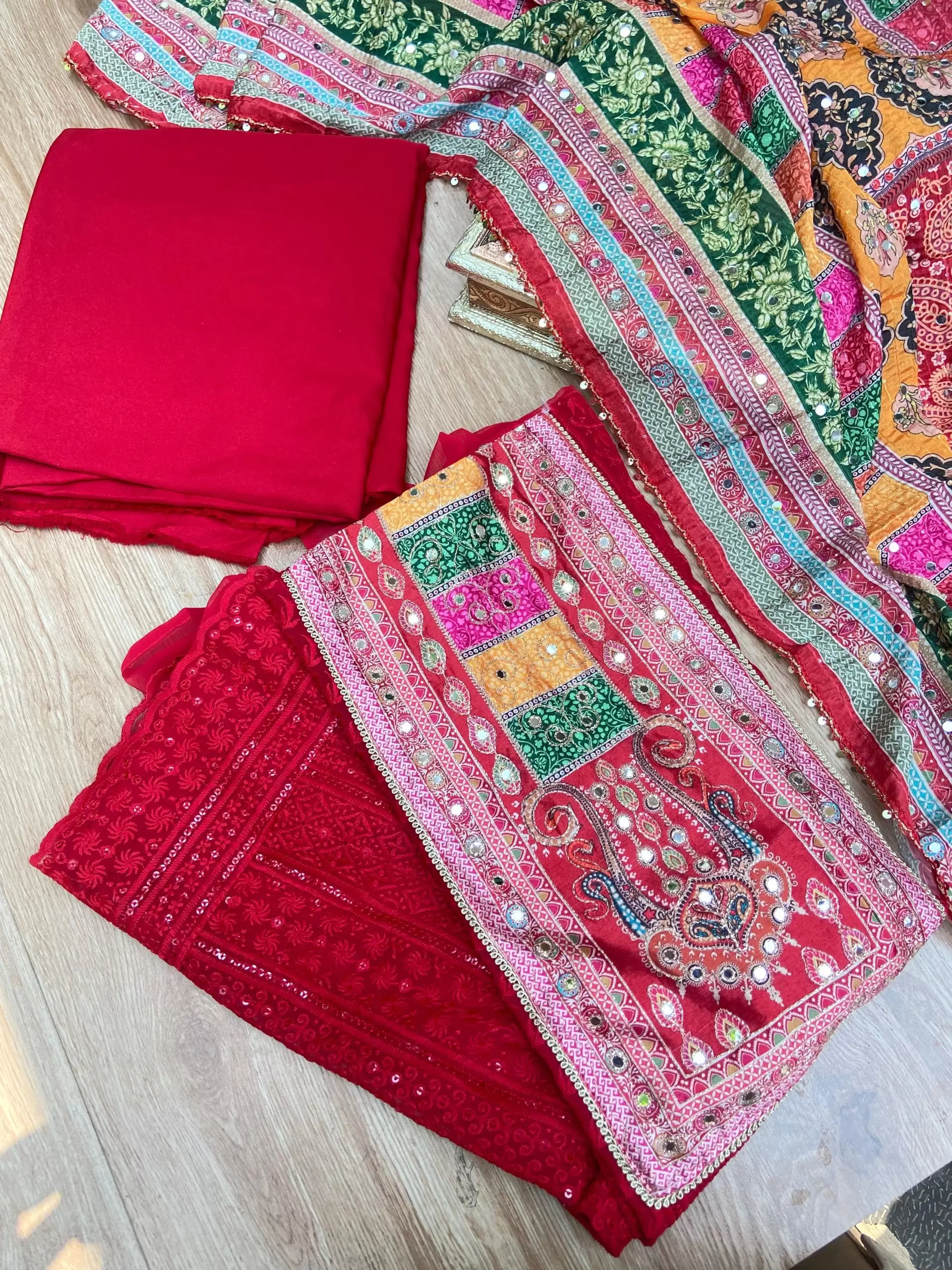 Red Chikankari georgette piece with multi floral patch and dupatta with mirror detailing unstitched suit set