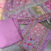 Pink Chikankari georgette piece with multi floral patch and dupatta with mirror detailing unstitched suit set