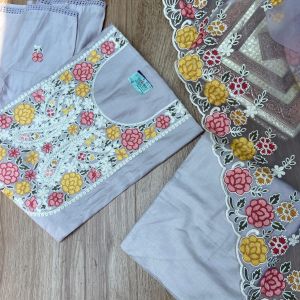 Gray pure cotton heavy multi coloured thread embroidered unstitched suit set with organza dupatta