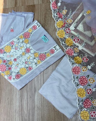 Gray pure cotton heavy multi coloured thread embroidered unstitched suit set with organza dupatta