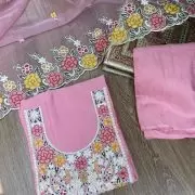 Pink pure cotton heavy multi coloured thread embroidered unstitched suit set with organza dupatta