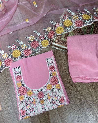 Pink pure cotton heavy multi coloured thread embroidered unstitched suit set with organza dupatta