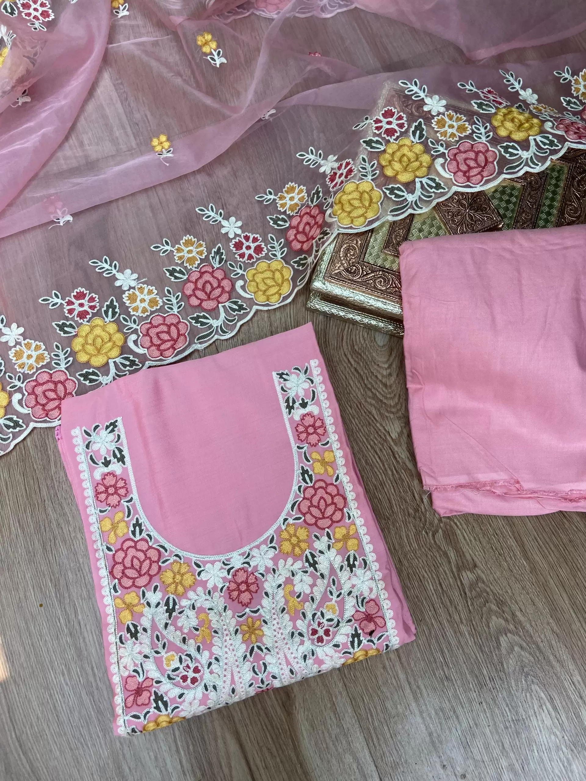 Pink pure cotton heavy multi coloured thread embroidered unstitched suit set with organza dupatta
