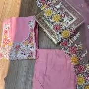Pink pure cotton heavy multi coloured thread embroidered unstitched suit set with organza dupatta