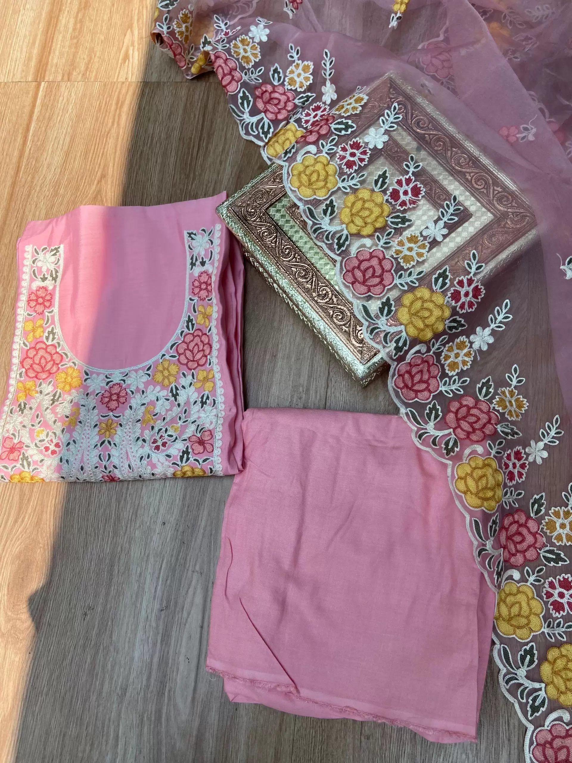 Pink pure cotton heavy multi coloured thread embroidered unstitched suit set with organza dupatta