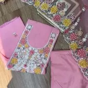 Pink pure cotton heavy multi coloured thread embroidered unstitched suit set with organza dupatta