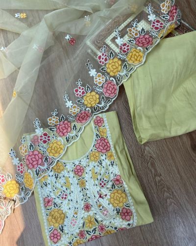 Yellow pure cotton heavy multi coloured thread embroidered unstitched suit set with organza dupatta