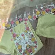 Yellow pure cotton heavy multi coloured thread embroidered unstitched suit set with organza dupatta