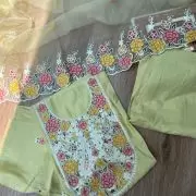 Yellow pure cotton heavy multi coloured thread embroidered unstitched suit set with organza dupatta