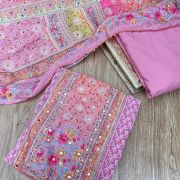 Pink Chikankari georgette piece with multi floral patch and dupatta with mirror detailing unstitched suit set