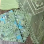 Pastel floral printed pure cotton unstitched suit set with Lace detailing and Chiffon dupatta