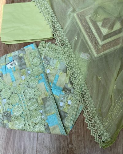 Pastel floral printed pure cotton unstitched suit set with Lace detailing and Chiffon dupatta