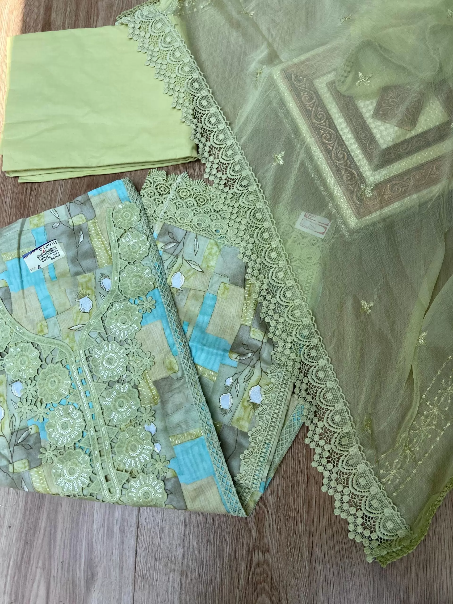 Pastel floral printed pure cotton unstitched suit set with Lace detailing and Chiffon dupatta